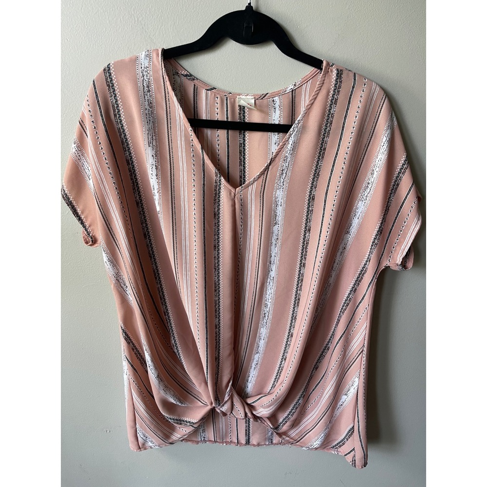 I Joah Premium pink Striped Front Knot V-Neck Short Sleeve Blouse chic casual